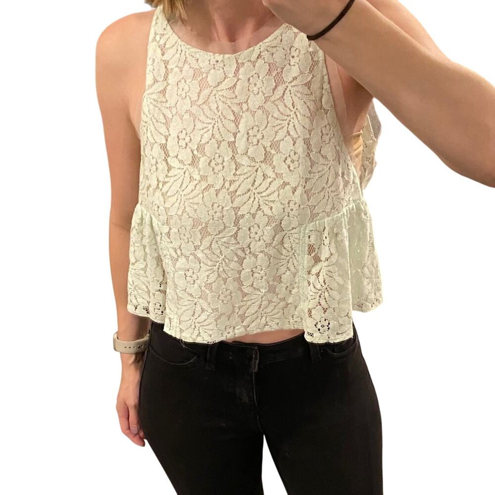 BCBGeneration light mint green floral lace and sheer mesh crop top Small